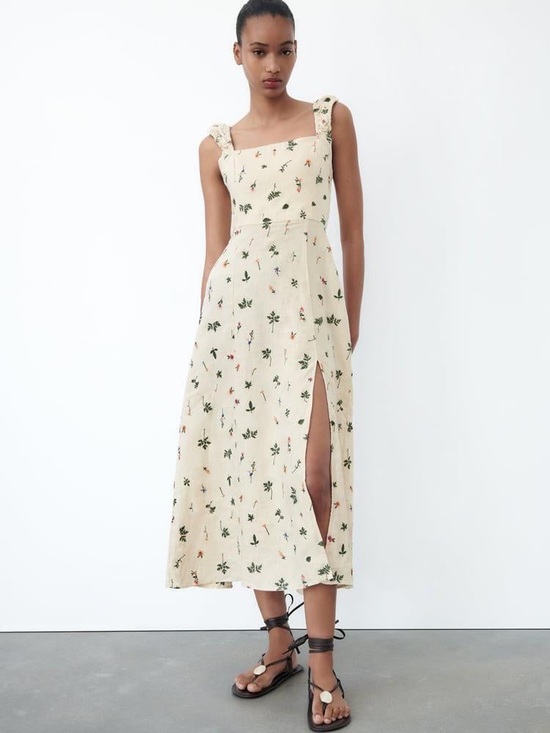 Zara Dresses & Skirts - Zara Flowers Embroidered Linen Midi Dress